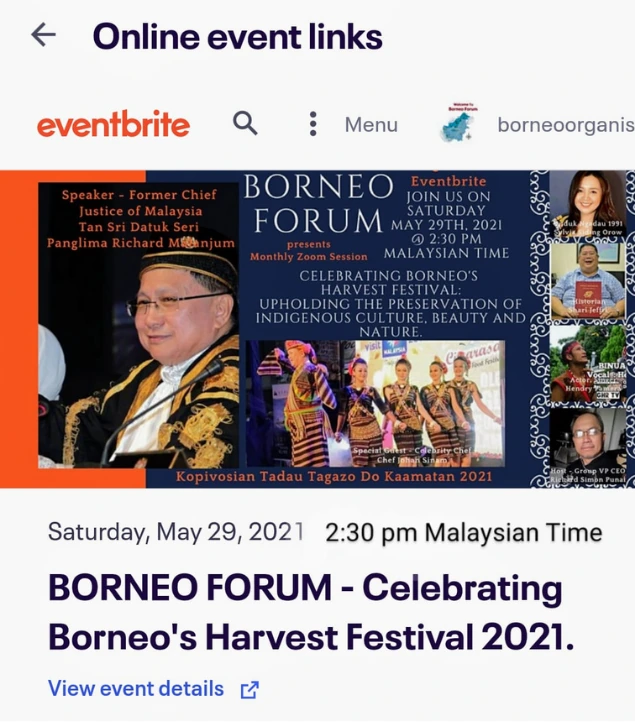 Online event listing for Borneo Forum’s Harvest Festival celebration