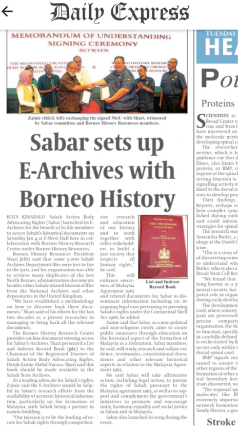 Daily Express clipping about SABAR and Borneo History E-Archives