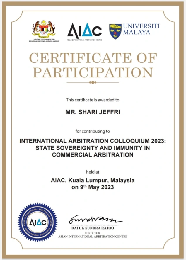 International Arbitration Colloquium certificate