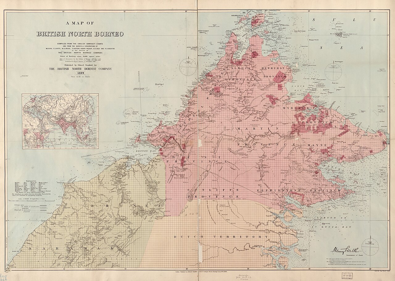 A map of British North Borneo, 1899. Colonial terminology and boundaries reflect the source’s period