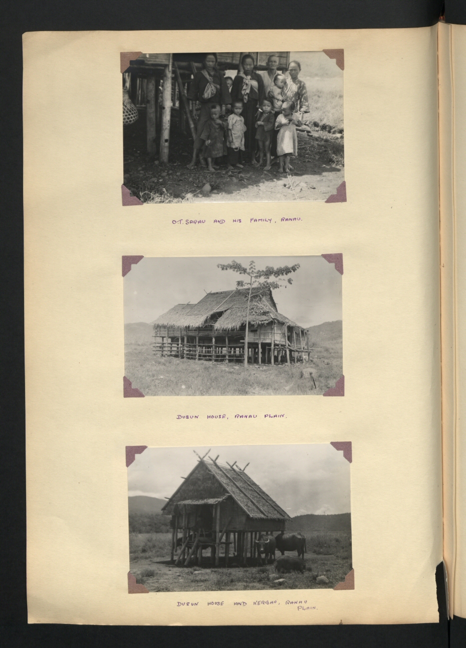 Dusun people and houses in Ranau, circa 1900–1920s, preserved on an archival album page