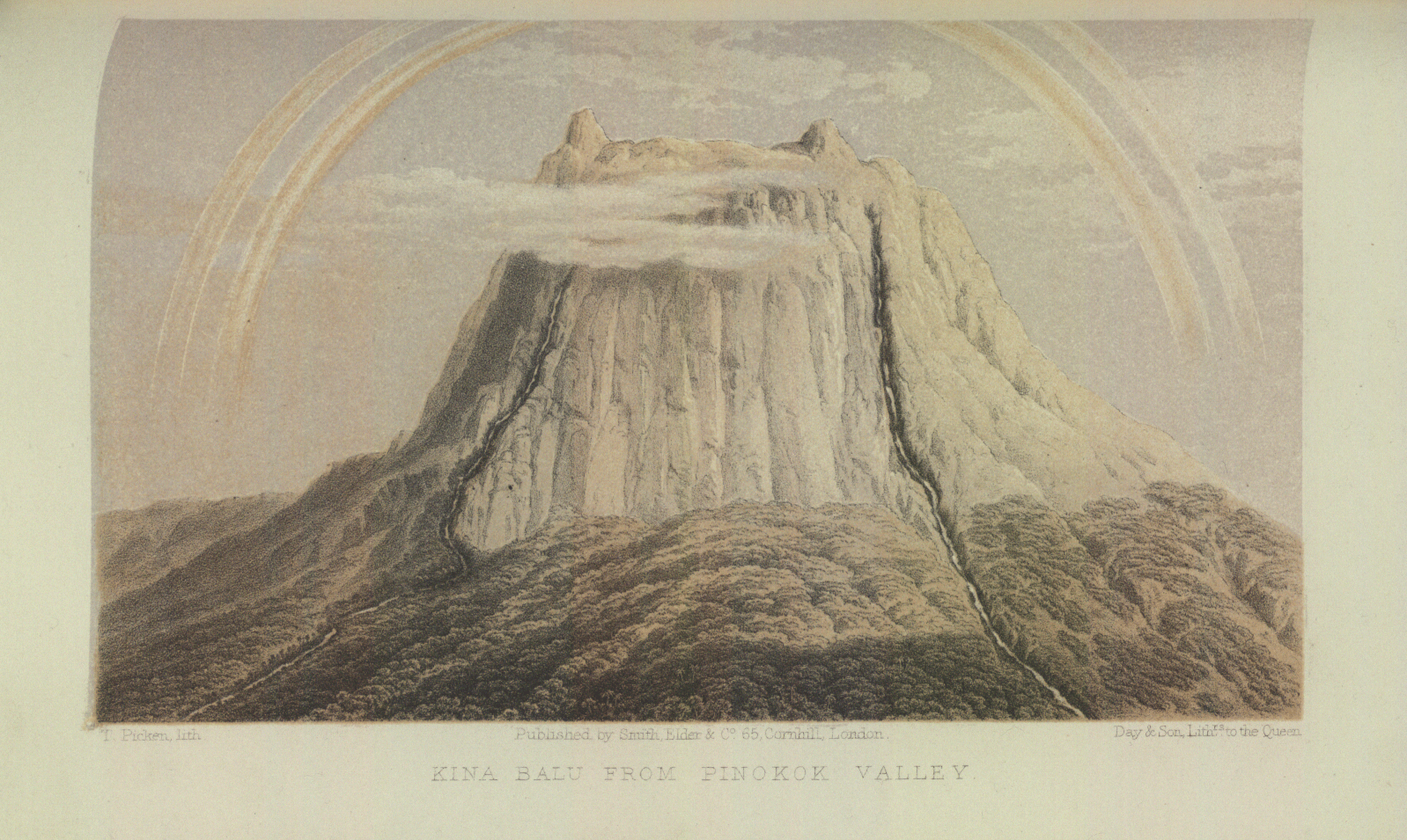 Kina Balu from Pinokok Valley, lithograph by T. Picken, 1862