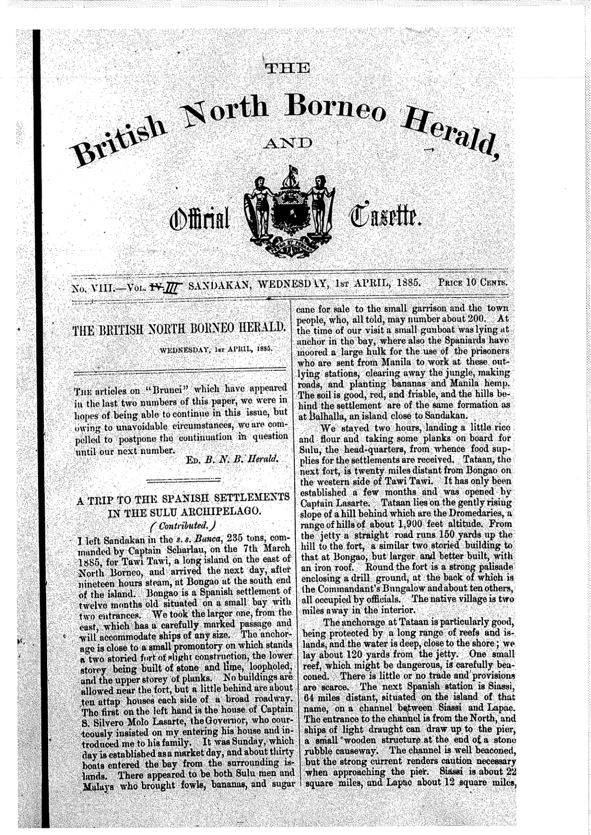 Front page of the British North Borneo Herald, 1 April 1885